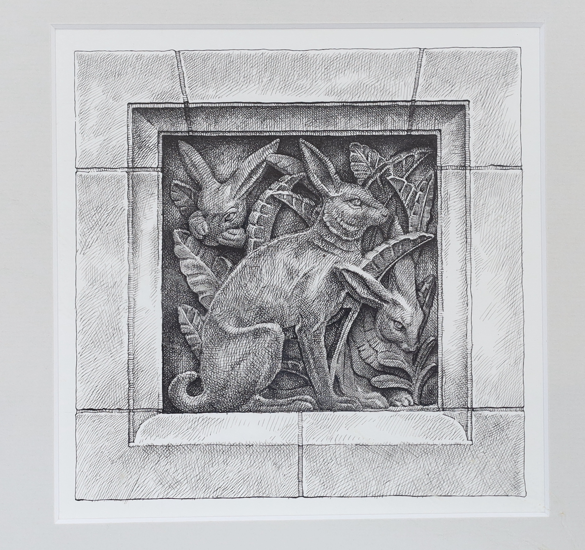 Paul C Allen (Chelsea Art Society), two pen and ink sketches, terracotta mouldings, Natural History Museum details verso, 16 x 16cm